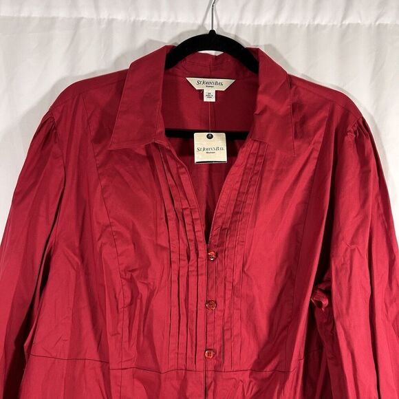 New St John's Bay Blouse Women's 2X Red Button Up Long Sleeve Vneck Collared - Picture 2 of 9